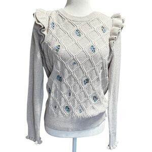 Grandma Embroidered Ruffle Sweater Women’s (L) Beige Knit Blue Ditsy Floral